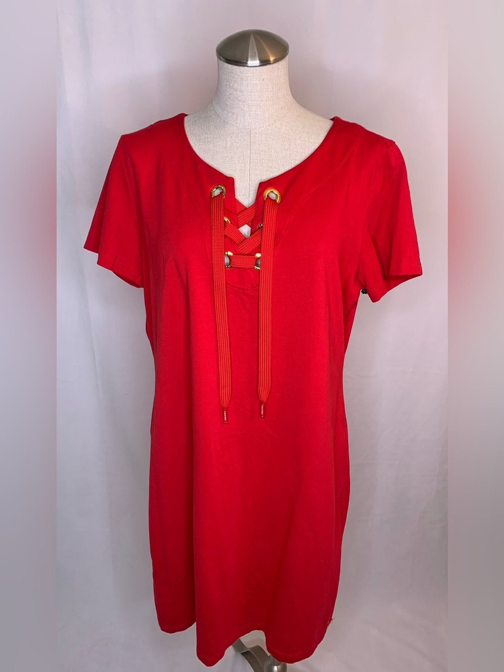 Womens Calvin Klein red t-shirt dress CK corset tie up cotton dress size XL